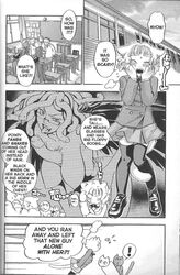 animal_ear blush_stickers breasts classroom closed_eyes comic english_text eromanga hanging_breasts hard_translated highres jpeg_artifacts large_breasts manga monochrome pink_sniper right_to_left sakurai_haruna scan schoolgirl skirt snake snake_hair tail thighhighs translated yonekura_kengo