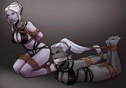 2girls baldur's_gate_3 bondage bound bound_legs bound_wrists cloth_gag dark-skinned_female dark_elf dark_elf_female dark_skin female females_only gag gagged hogtie minthara night-glare rope_bondage underwear white_hair