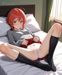 1girls ai_generated cameltoe female full_body hatori_chise indoors knee_socks lifting_skirt looking_at_viewer lying lying_on_back lying_on_bed mahoutsukai_no_yome panties parted_lips pussy_juice seacreator shy skinny skirt socks solo spread_legs wet_panties young
