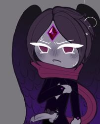1boy 2025 ? accurate_art_style aegissx angel_wings balls blush blush_lines blushing clothed clothing cookie_run cookie_run_ovenbreak embarrassed erect_penis erection exposed exposed_penis exposed_torso functionally_nude gem gem_on_forehead grey_background long_scarf male nervous night_raven_cookie official_alternate_costume open_mouth penis precum purple_eyes purple_hair purple_theme scarf short_hair solo standing sweatdrop testicles torn_clothes torn_clothing wind_archer_cookie wings