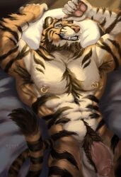 absurd_res anthro balls beard body_hair chest_hair d facial_hair felid foreskin fur furry genitals green_eyes hairy_scrotum hi_res kiraxdraws light male mammal muscular nipple_piercing nipples orange_body pantherine pawpads penis piercing scrotum_pull smile solo stripes sunlight tail tiger torso uncircumcised