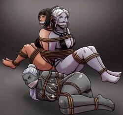 3girls baldur's_gate_3 bondage bound_arms bound_legs bound_together cloth_gag dark-skinned_female dark_elf dark_elf_female dark_skin female females_only gag gagged minthara multiple_girls night-glare shadowheart underwear