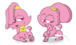 1girls anthro anus ass bodily_fluids body_writing bottomless cartoon_network chowder_(series) clothed clothing cum cum_drip cum_from_pussy cum_in_pussy cum_inside dripping fangs female flat_chested fur genital_fluids genitals goz-o half-closed_eyes hi_res hybrid kneeling lagomorph leaking_cum leporid looking_back mammal multiple_images narrowed_eyes nipples nude panini panini_(chowder) pink_body pink_eyes pink_fur pussy rabbit simple_background solo sweat tally_marks teeth unusual_tally_marks western_tally_marks white_background young young_anthro
