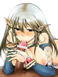 blonde_hair blush breasts brown_eyes censored elbow_gloves elf fellatio female gloves handjob long_hair male nakasone_haiji nipples oral original penis pointy_ears pov sex skin_contrast straight