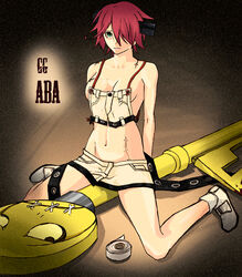 1girls a.b.a bandage bandages brown_background caught chains female grainy green_eyes guilty_gear key keys light-skinned_female male paracelsus pussy_on_pole red_hair scar sexually_suggestive shoes skirt small_breasts solo solo_female stitches suggestive tape text