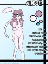 2014 3_toes alice anthro blue_eyes blush english_text female hair long_hair looking_at_viewer mew nintendo pink_body pokemon pokemon_(species) pokemorph pussy solo standing straight_hair tanukiyasha text toes