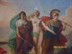 3girls ancient_greece ancient_rome aphrodite_(greek_mythology) areolae athena_(greek_mythology) blonde_hair breasts brown_hair clothed clothed_female divine_slut dress female female_focus female_only fine_art front_view goddess greek_mythology hera_(greek_mythology) long_hair looking_up multiple_girls mythology navel nipples nude nude_female outdoors painting_(artwork) roman_mythology straight_hair sword venus