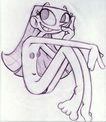 cartoon_network dee_dee_(dexter's_laboratory) dexter's_laboratory female female_only flat_chest huge_eyes human king-cheetah monochrome nipples nude sitting smile solo tagme toony wide_head