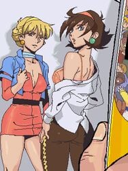 2girls artist_request blonde_hair blue_eyes breasts brown_eyes brown_hair curvaceous dress duo_focus female g_gundam gundam human jacket katejina_loos large_breasts light-skinned_female light_skin looking_at_viewer low_res pants rain_mikamura short_hair standing victory_gundam villainess