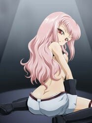 1girls anya_alstreim ass boots breasts butt_crack code_geass color female female_only flat_chest hair_down highres jpeg_artifacts long_hair nipples open_mouth photoshop pink_hair red_eyes shirt_lift solo solo_female source_request tanan