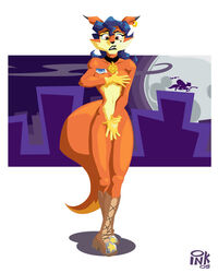 2005 anthro badge blue_hair boots breasts brown_eyes canine carmelita_fox choker clenched_teeth covering covering_breasts covering_crotch earrings female fox fur furry gloves long_hair male mammal mole nude orange_hair outlaw_ink sly_cooper sly_cooper_(series) smooth_fur standing sucker_punch_productions tail yellow_gloves