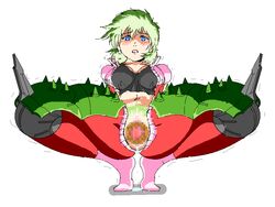 1girls aina_saharin artist_request breasts censored curvaceous female green_hair gundam gundam_08th_ms_team human large_breasts light-skinned_female light_skin nipples normal_suit pilot_suit pussy short_hair squatting tagme white_background zeon