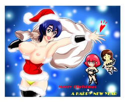 3girls after_war_gundam_x artist_request blue_eyes blue_hair breasts christmas curvaceous female fur_trim gundam haman_karn hat human large_breasts light-skinned_female light_skin mirai_yashima mobile_suit_gundam multiple_girls nipples pala_sys santa_costume santa_hat short_hair zeta_gundam