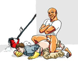 2boys anal_lips anal_penetration anal_sex bald balls_deep blue_eyes bottomless brown_hair bucket closed_eyes crossed_arms deep_penetration ear_piercing earring gay gloves gold_jewelry large_insertion looking_at_viewer male male_only mascot mop mr._clean multiple_boys multiple_males one_eye_closed pained_expression pants_down questionable_consent side_view soap_suds stretched_anus veiny_penis white_pubic_hair wink yaoi