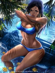 athletic bikini black_hair brown_eyes cleavage curvy dark-skinned_female egyptian emerald_weapon_(artist) eye_tattoo flowers large_breasts overwatch palm_tree pharah pool pool_float swimsuit taking_clothes_off two_piece_swimsuit undressing voluptuous