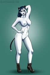 1girls arm_behind_head belly_button big_breasts black_boots black_fingernails black_lips blue_eyes blue_hair boots cat_ears cat_tail curvy dark_hair domino_(fortnite) domino_(marvel) fortnite hand_on_hip high_heel_boots high_heels hips homo_superior horny legs marvel marvel_comics mutant naked neena_thurman nipples pale-skinned_female pale_skin pose pussy simple_background solo_female tail thick_thighs thighs tyrana white_body white_skin wide_hips x-force