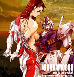 1girls 2001 bodysuit breasts christina_mackenzie earth_federation female green_eyes gundam gundam_0080 human large_breasts light-skinned_female light_skin long_hair mecha nipples nolia normal_suit pilot_suit red_hair tagme