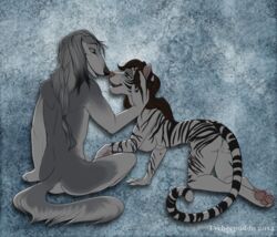 anthro ass borzoi breasts canine feline female fur furry furry_only interspecies lycheepuddn male mammal nipples nuzzles paws stripes tiger toes white_tiger