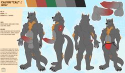 1boy anthro balls bulge calvin_anderson canid canine canis clothing diddydoo english_text fur genitals grey_body grey_fur humanoid_genitalia humanoid_penis jockstrap knot male male_only mammal model_sheet nude orange_body orange_fur paws penis slightly_chubby solo text uncut underwear wolf