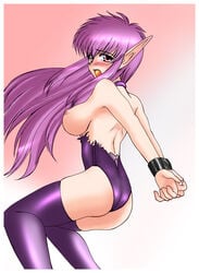 animal_ears bound breasts clothing female female_only nei pale_skin phantasy_star phantasy_star_ii purple_hair red_eyes side_view solo tagme tears torn_clothes