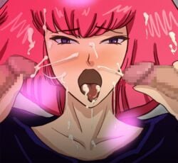 1girls 80s animated blue_eyes breasts cape censored cum female gundam haman_karn human light-skinned_female light_skin male penis pink_hair short_hair villainess zeta_gundam