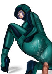 1boy 1girls 2008 2d 2d_(artwork) ass blue_hair bodysuit breasts cum cum_on_ass curvaceous earth_federation female gloves gundam helmet hi_res high_heel_boots highres huge_ass human komii large_breasts light-skinned_female light_skin looking_at_viewer male normal_suit partial_male penis pilot_suit rosamia_badam skin_tight solo_focus spacesuit tagme thick_thighs white_background wide_hips zeta_gundam