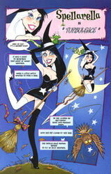 1girls black_dress broadsword_comics broom_riding broomstick comic dress eyeshadow high_heel_boots high_heels lipstick makeup owl panties spellarella tagme tarot:_witch_of_the_black_rose white_panties witch witch_broom witch_hat