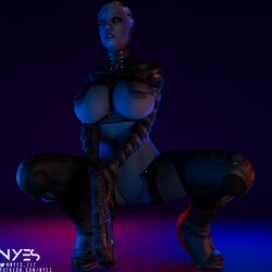 1girls 3d 3d_(artwork) alien alien_girl areola areolae asari big_breasts blue_eyes blue_skin breasts female female_only gun huge_breasts large_breasts liara_t'soni mass_effect mass_effect_2 mass_effect_3 nipples no_humans nudity nyes117 partially_clothed solo squatting tagme