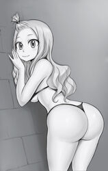 1girls ass bikini black_thong blush breasts enenra fairy_tail female female_focus female_only grey_background greyscale long_hair looking_at_viewer mirajane_strauss monochrome partially_nude sideboob simple_background smile thong tied_hair