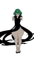 1girls black_dress curvy_female curvy_figure dress eyebrows green_eyebrows green_eyes green_hair light-skinned_female looking_at_viewer lyn_nyl narrow_shoulders one-punch_man solo tatsumaki thick_thighs thin_waist white_background wide_hips