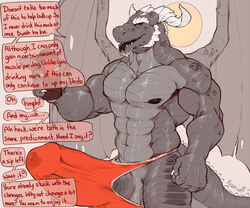 2020 abs anthro biceps big_penis bodily_fluids bottle bulge clothed clothing crop_top dialogue digital_media_(artwork) dragon duo english_text erection genital_fluids genital_outline genitals horn huge_cock humanoid_genitalia humanoid_penis hyper hyper_genitalia hyper_penis jockstrap koorivlf looking_at_viewer male male/male membrane_(anatomy) membranous_wings muscular muscular_anthro muscular_male nipples open_mouth penis penis_outline precum precum_through_clothing scales scalie series shiny_(disambiguation) shirt signature simple_background smile snout solo_focus sweat tank_top teeth tenting text topwear underwear unseen_character wet wet_clothing wings