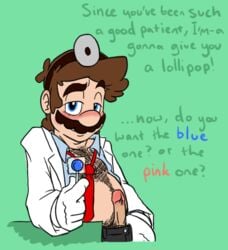 blue_eyes blush brown_hair coat color dialogue doctor dr._mario dr._mario_(series) erection exposed_penis food gloves green_background hairy koopakinky85 lollipop looking_at_viewer male male_only mario mario_(series) moustache necktie nintendo penis penis_out reflector seductive solo text white_coat