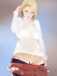 blonde_hair blue_eyes breasts censored cowboy_shot female hair_tucking hand_in_hair hand_up highres large_breasts looking_at_viewer mumaya original pussy short_hair simple_background skirt skirt_pull solo standing sweater translucent turtleneck turtleneck_sweater