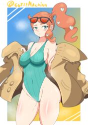 1girls aqua_eyes aqua_nails artist_name blush breasts coat curvy cutiemachina female glasses hair_ornament nintendo orange_hair pale-skinned_female pale_skin pokemon pokemon_ss ponytail side_ponytail solo sonia_(pokemon) standing sunglasses_on_head sweat swimsuit thick_thighs thighs wide_hips