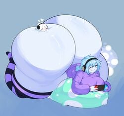 1boy 1girls aria_(chaozdesignz) ass_dough big_ass big_breasts blue_eyes blue_hair blush bottom_heavy bottomless breasts bubble_ass bubble_butt bulumble-bee chaoz_(chaozdesignz) cute dat_ass deep_skin female gamer_girl ghost gigantic_ass headphones heart horny huge_ass hyper hyper_ass larger_female male massive_ass nintendo_switch pillow playing_games playing_videogame purple_sweater simple_background sweater thick_thighs thighhighs thighs