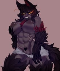 abs absurdres animal_ears animal_hands animal_legs areola areola_piercing arm_tuft bedroom_eyes biped black_fur black_hair black_sclera breasts brimstone_(brimstoned0g/vtuber) chest_tuft clothing_lift dark_skin demon facial_scar fangs female female_chest_hair finger_claws fire fluffy fluffy_tail fur genitals glowing glowing_eyes grey_background grey_body grey_skin hand_on_breast hellhound hellhound_(monster_girl_encyclopedia) highres holding_breast huge_breasts humanoid inverted_nipples inviting large_breasts long_hair looking_at_viewer mammal mammal_humanoid mashpervert monster_girl monster_girl_encyclopedia mouth_hold multicolored_body multicolored_fur muscular muscular_female muscular_humanoid narrowed_eyes navel navel_piercing nipple_piercing nipples panties panty_pull piercing plump_labia presenting pubic_hair pussy quads red_body red_fur scar seductive shirt shirt_lift simple_background solo standing thick_thighs topwear tuft two_tone_body two_tone_fur underwear undressing yellow_eyes