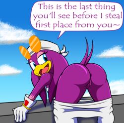 absurd_res anthro anus ass ass_shot avian bird english_text female genitals hi_res hirundinid marcodile oscine passerine presenting presenting_hindquarters pussy sega solo sonic_(series) sonic_riders sonic_the_hedgehog_(series) swallow_(bird) text video_games wave_the_swallow