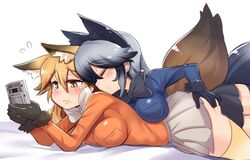 2girls animal_ears ass_grab big_ass blush breasts butt_grab closed_eyes ezo_red_fox_(kemono_friends) fox_ears fox_tail fully_clothed hinghoi kemono_friends large_breasts multiple_girls orange_hair silver_fox_(kemono_friends) silver_hair smelling tail yellow_eyes yuri