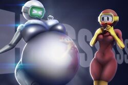 >< 2girls 3d 3d_(artwork) 5_fingers android anthro anthrofied ass ass_expansion belly belly_button belly_inflation big_ass big_belly big_breasts big_butt blush blushing breast_expansion breast_inflation breasts butt butt_expansion dig_dug english_text expansion eyes_closed female female_only goggles grey_skin growth huge_ass huge_belly huge_breasts huge_butt humanoid hyper hyper_belly inflation large_ass large_belly large_breasts large_butt latex_bodysuit latex_gloves mouthless namco navel no_mouth onomatopoeia pooka_(dig_dug) pot_belly raikovjaba red_skin standing text thick_thighs white_skin yellow_skin