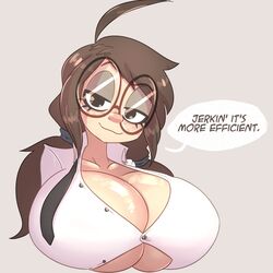 big_breasts breasts breasts_bigger_than_head brown_hair bust_portrait gigantic_breasts glasses jack_cayless large_breasts miri_n._cox original_character rapscallion_games