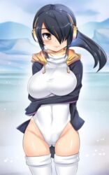 arm_across_waist black_hair blush breast_hold breath brown_eyes cowboy_shot day emperor_penguin_(kemono_friends) female gluteal_fold hair_over_one_eye headphones hinghoi hip_bones hood hoodie ice kemono_friends large_breasts lips long_hair looking_at_viewer multicolored_hair pink_lips sky smile solo streaked_hair tagme thighhighs white_legwear wind