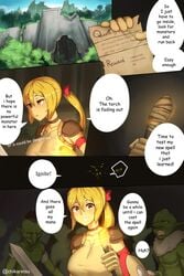 1girls big_breasts blonde_hair breasts chikaretsu choker comic female female_human femsub gameplay_mechanics goblin goblin_male gold_eyes green_skin human imminent_rape imminent_sex long_hair lune_(chikaretsu) monster original original_character ponytail sword text text_bubble weapon yellow_eyes