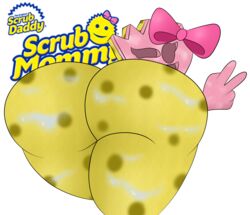 ass bent_over bow butt inanimate peace_sign pink scrub_daddy_(brand) scrub_mommy smiling sponge terebision thick_thighs v wet wink yellow