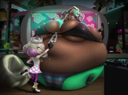 3d 3d_(artwork) big_breasts grinning inflation looking_at_viewer looking_back marina_(splatoon) nipples_visible_through_clothing one_leg_up pearl_(splatoon) puffy_cheeks raikovjaba spherical_inflation splatoon splatoon_2 sunken_head sunken_limbs tight_clothing unzipping