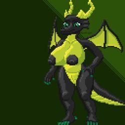 1:1 anthro areola big_areola big_breasts big_nipples big_tail black_body black_nipples breasts claws colored_nails digital_media_(artwork) dragon female genitals green_background green_body green_claws green_eyes green_horn green_nails green_scales green_wings hand_on_hip horn huge_breasts kaya_(knockedoutdragon) knockedoutdragon nails nipples nude pixel_art pussy scales simple_background solo wings