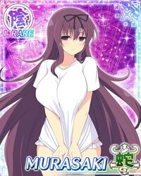 covering embarrassed frilled_bikini_bottom huge_breasts murasaki_(senran_kagura) purple_eyes purple_hair senran_kagura very_long_hair wavy_hair white_t-shirt yaegashi_nan