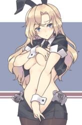 animal_ears black_jacket blonde_hair blue_eyes blush breasts bunny_ears covering covering_breasts embarrassed eyebrows_visible_through_hair female hiding hornet_(kantai_collection) jacket kantai_collection large_breasts looking_at_viewer nakadori_(movgnsk) navel open_clothes pantyhose revealing simple_background skirt skirt_pull