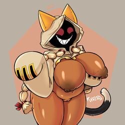 1:1 absurd_res accessory animal_humanoid big_breasts blazblue blonde_hair blush bottomless braided_hair breast_grab breasts clothed clothing dark_skin exposed_breasts fecharis felid felid_humanoid female genitals hair hair_accessory hair_ribbon hand_on_breast hi_res hoodie humanoid kaka_(blazblue) long_hair mammal mammal_humanoid mostly_nude pussy red_eyes ribbons solo taokaka thick_thighs topwear video_games virito