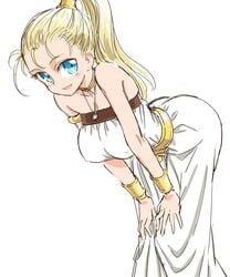 1girls aqua_eyes ass blonde_hair blue_eyes breasts chrono_(series) chrono_trigger cleavage dress female female_only jewelry large_breasts long_hair marle marle_(chrono_trigger) nipples_visible_through_clothing open_mouth open_smile ponytail s-a-murai simple_background smile solo solo_female solo_focus tied_hair white_background