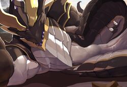 ambiguous_fluids animal_genitalia anthro better_version_at_source brown_body brown_scales chronos_(dragalia_lost) dragon finger_claws genital_slit genitals grey_body grey_scales looking_at_viewer lying male male_only muscular muscular_anthro muscular_male on_side open_mouth presenting_slit scales scalie sharp_teeth slit solo spread_legs spreading teeth yellow_eyes zex